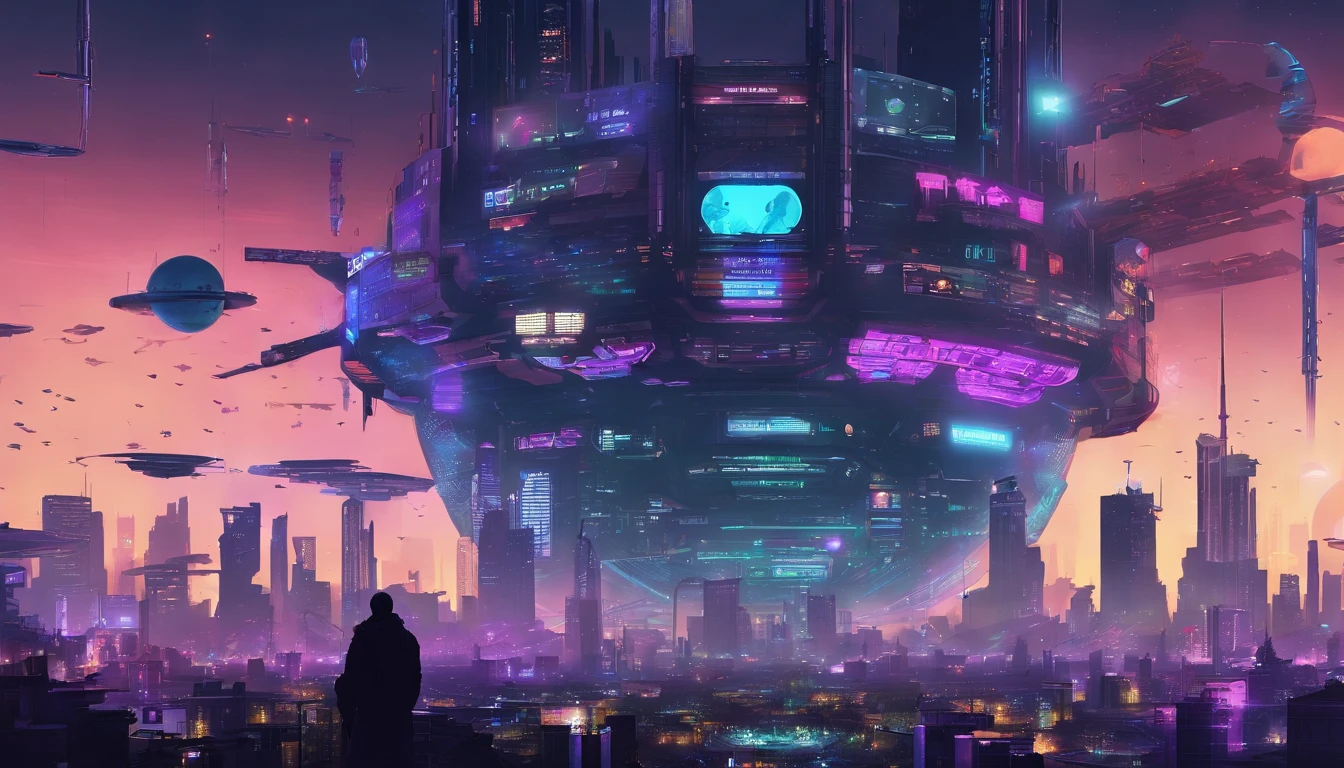 Create a space city of 10 million people, that has 4 hockey arenas, 4 baseball stadiums, 4 football stadiums, 4 basketball arenas, 10,000 apartment buildings that at 100 stories high. 75,000 clothing, shoe, designer stores, 10,000 factories that make toys, public transportation, clothing, and a whole bunch of factories that make appliances & tech gadgets. There are 24 200 story sky scraper office buildings. There are 20,000 farms on the outskirts of the city. The city is 288 square miles. It's currently flying near a Saturn like planet that has a few rings, many stars, and some moons in the background.This city has a bubble, to hold in the atmosphere. Put people walking in the streets. The city government is located on the edge of the Starship City, that resembles New York City. There are 24 landing pads located around the city, and they're 2 square miles.