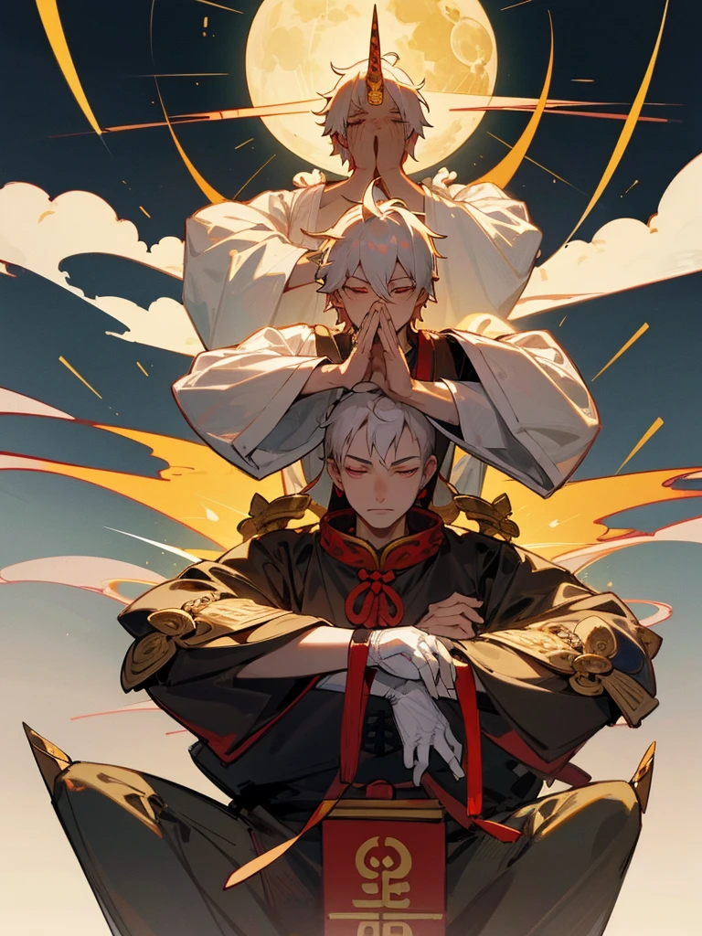 Buddha,Lucky Eyes, horn, white short hair, black armor, tori ready, man, full moon, hands together in prayer, Zen meditation golden lion Chi Japanese sword