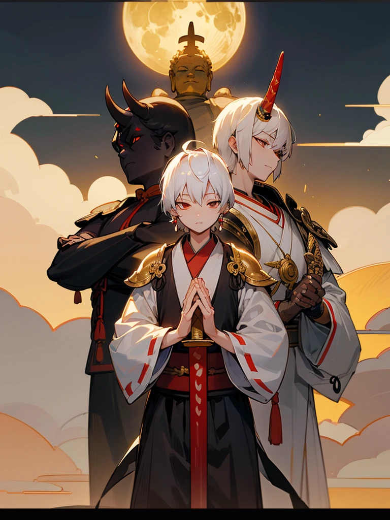 Buddha,Lucky Eyes, horn, white short hair, black armor, tori ready, man, full moon, hands together in prayer, Zen meditation golden lion Chi Japanese sword