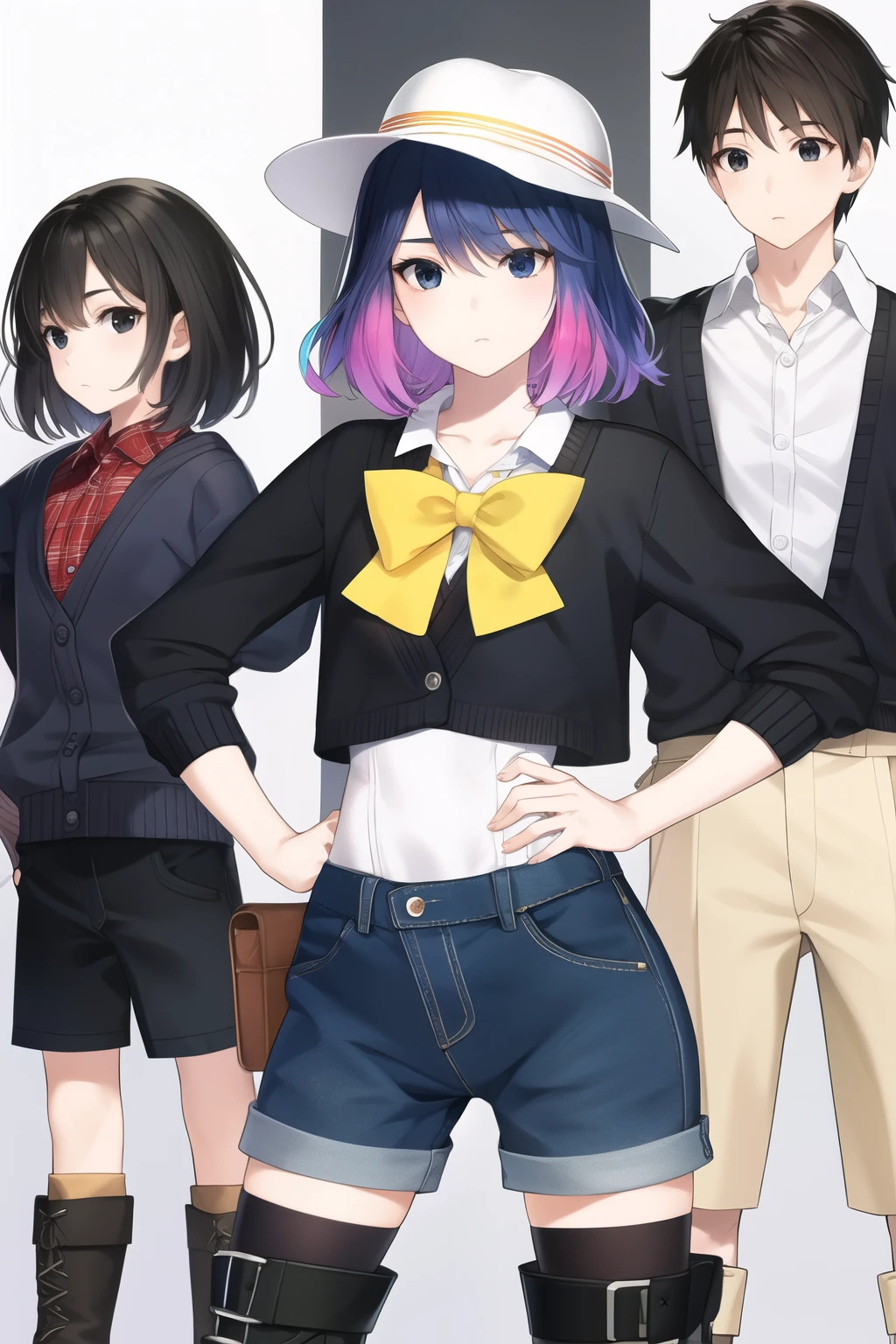 {{{{{solo}}}}}, {medium hair}, {shirt}, boots, smartphone , {hands_on_hips}, bust, masterpiece, best quality, masterpiece,best quality,official art,extremely detailed CG unity 8k wallpaper, {{{{{{boy}}}}}}, {black hair}, bangs, {{{{{{3boys}}}}}}, {2boys}, {hat}, male, black cardigan ,gun, {expressionless}, {expressionless}, {gradient eyes}, {black eyes}, high - waist shorts, 