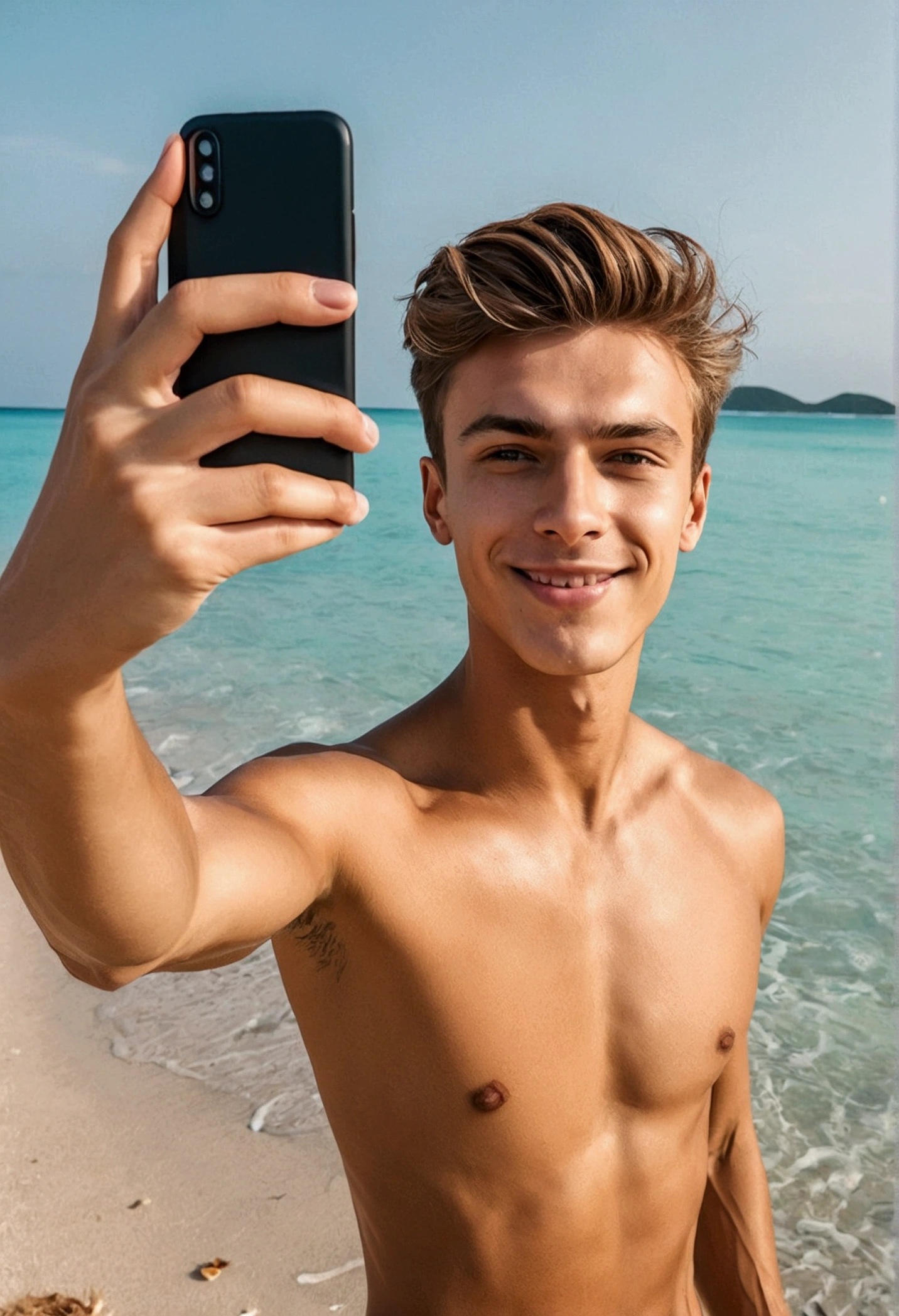 Slim light tan young man taking a selfie on the beach with clear water