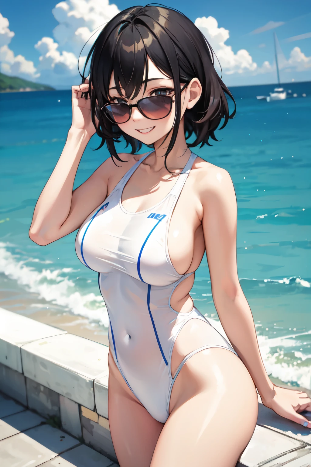 high school girl,Lewd,White swimsuit,Black Hair,smile