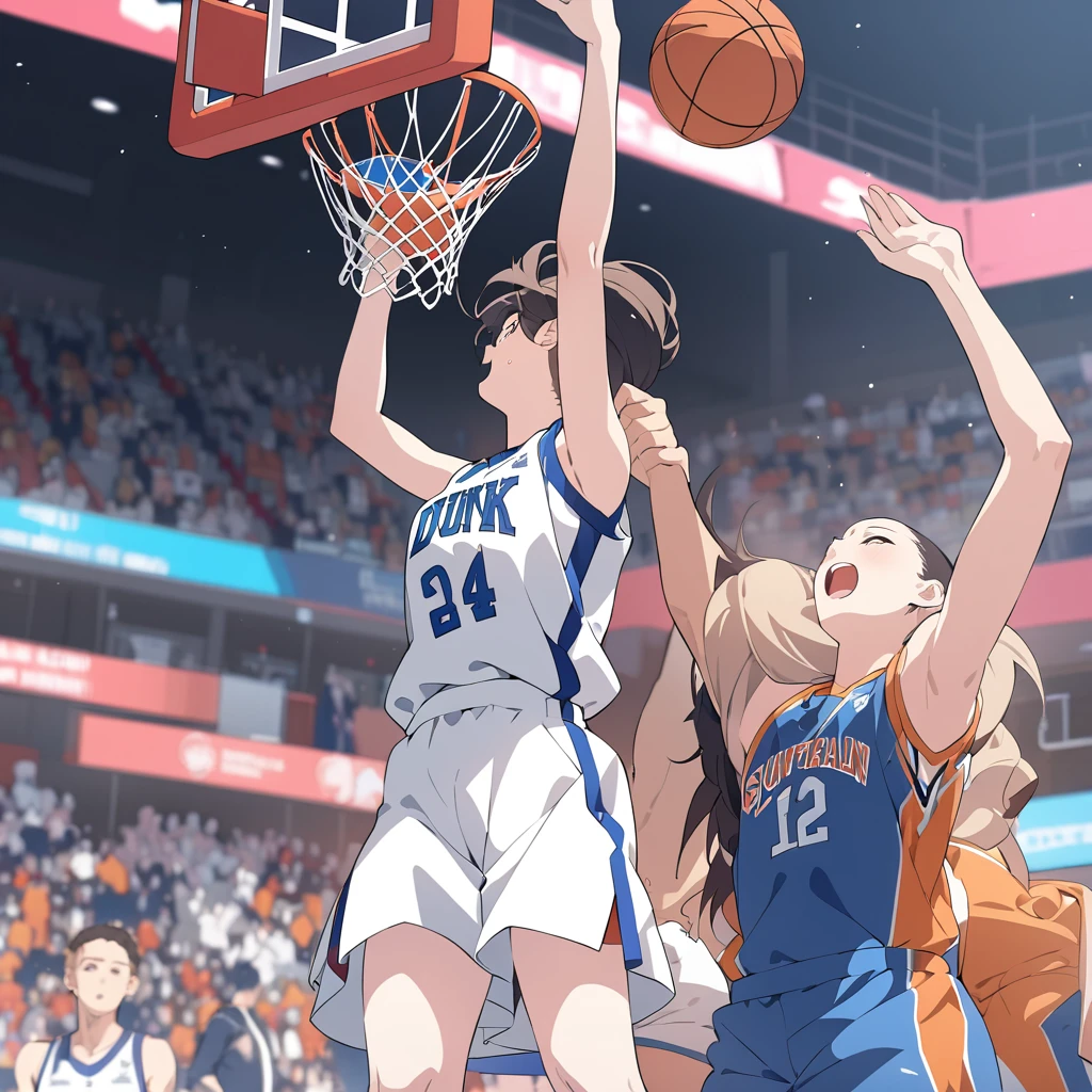 Masterpiece, ultra detailed, beautiful,Super Saturation, anime style, basketball, game winning dunk,Impressive moments,dunk shoot