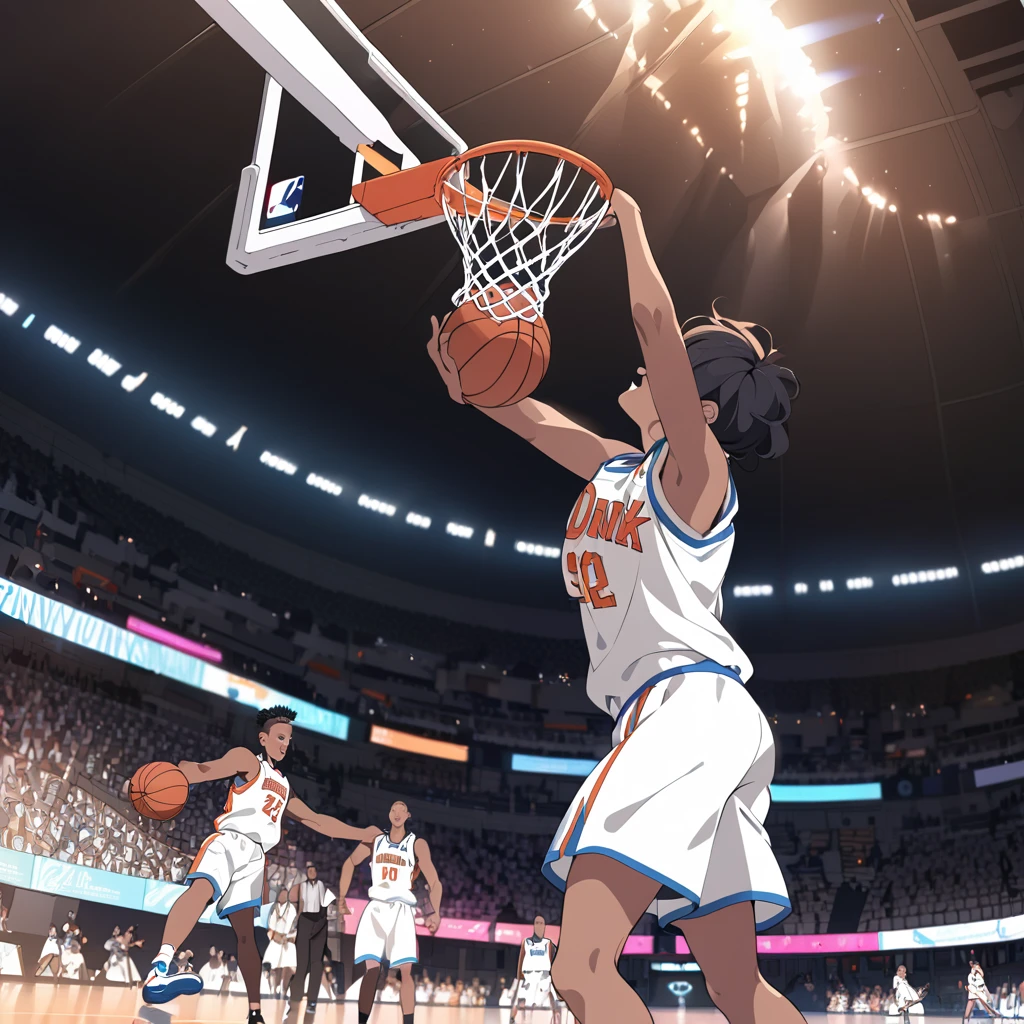 Masterpiece, ultra detailed, beautiful,Super Saturation, anime style, basketball, game winning dunk,Impressive moments,dunk shoot