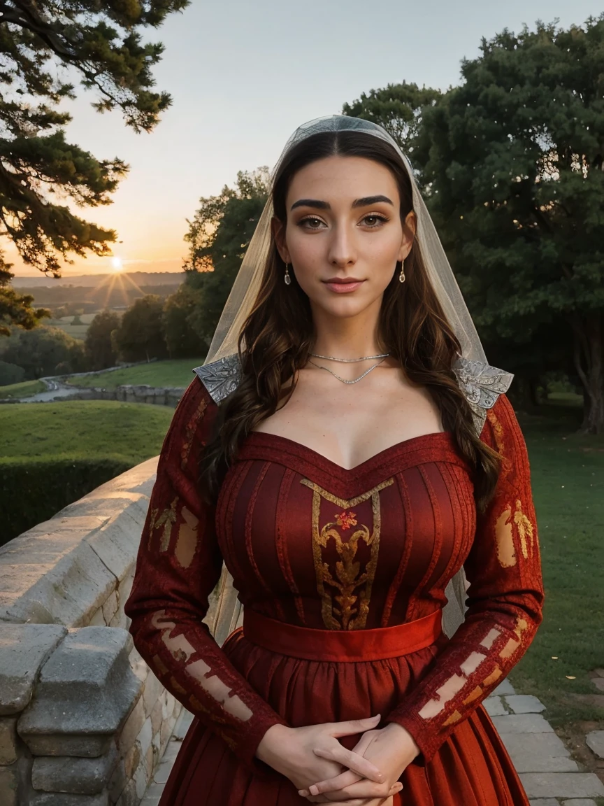 Beautiful and regal, imperious and aloof, busty athletic (thin) brunette queen with sharp facial features wearing a modest updo, dark red medieval dress, long sleeves, intricate patterns, embroidery, wide neck, crown, veil, long dress, tight bodice, (silver waist chain), medieval jewelry, Middle Ages, castle, rampart, wall, exterior, on top of a castle wall, trees, countryside, evening, sunset.