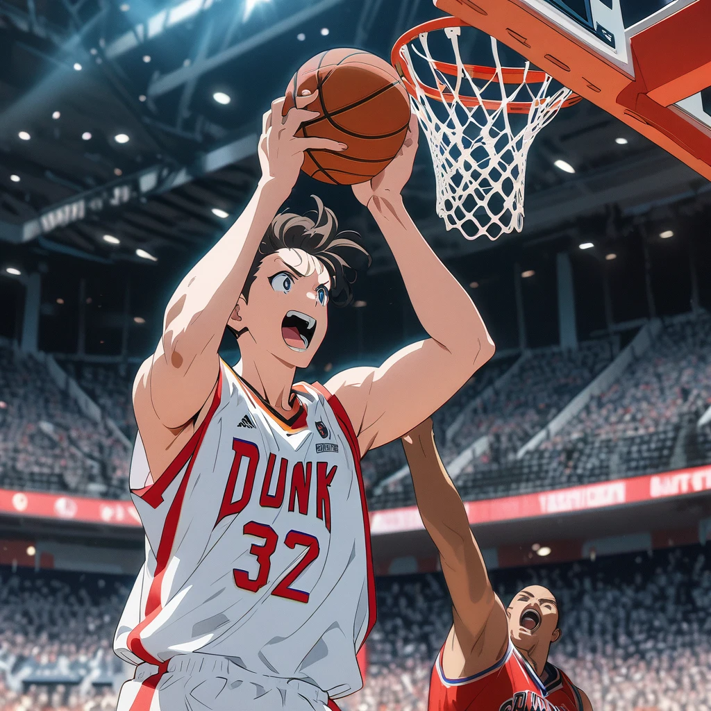 Masterpiece, ultra detailed, beautiful,Super Saturation, anime style, basketball, game winning dunk,Impressive moments,dunk shoot