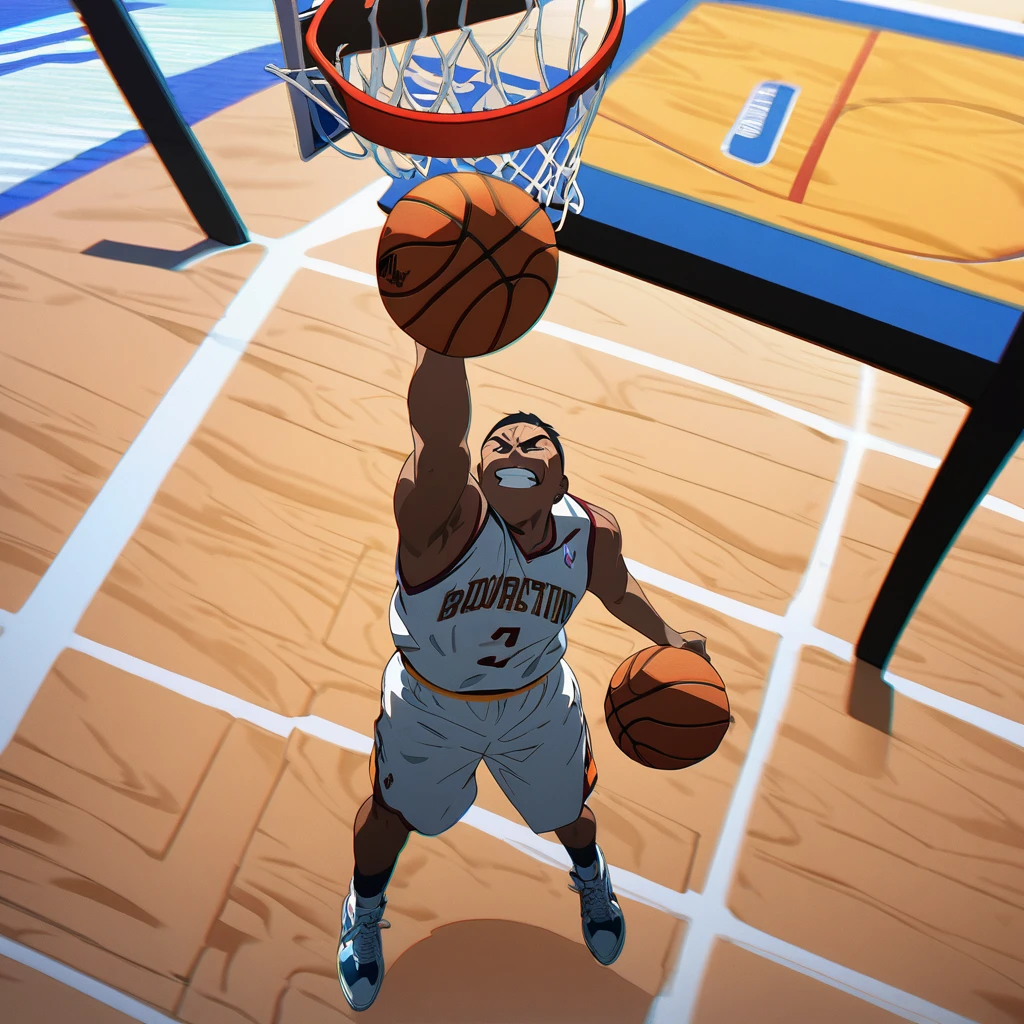 Masterpiece, ultra detailed, beautiful,Super Saturation, anime style, basketball, game winning dunk,Impressive moments,dunk shoot