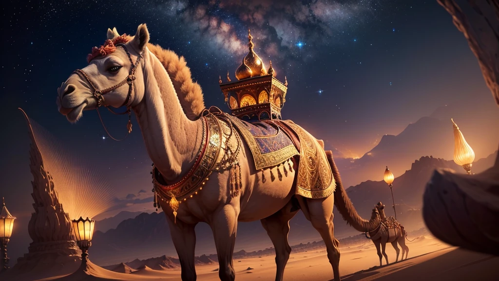 Imagine a magnificent camel adorned with ornate, shimmering decorations that reflect a rich cultural heritage. Its coat glows with an otherworldly hue, blending shades of gold and deep desert red. The camel stands proudly in a vast, enchanted desert under a twilight sky filled with swirling galaxies. Surround it with magical sand dunes that shift and shimmer like liquid gold, and let the air be filled with sparkling motes of light. Capture the essence of this mythical creature, symbolizing endurance and wisdom, as it journeys through a landscape infused with magic and mystery.