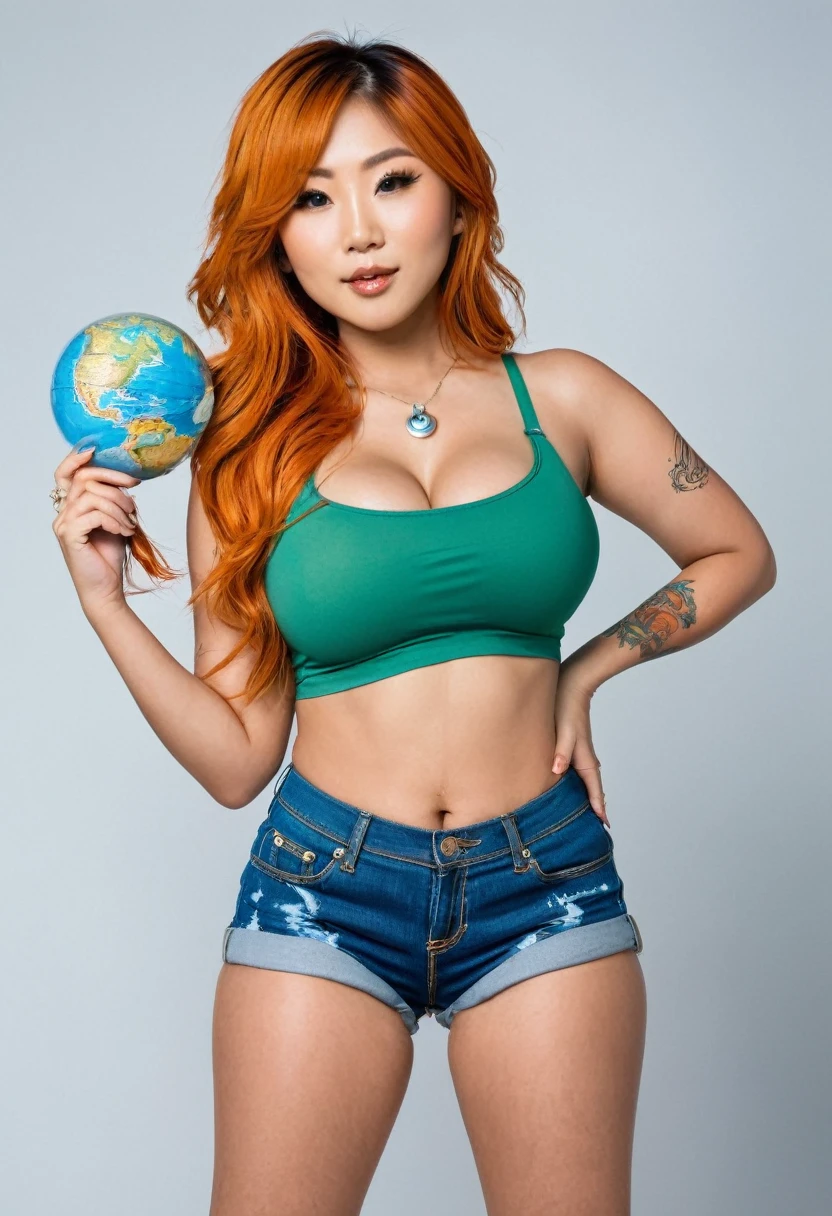 Sexy asian woman, big boob, big breasts, long, orange hair styled in loose waves, wearing very tight blue jeans and a green bikini top. She has a confident and adventurous expression. She is holding a detailed map and a staff with a blue orb at the top. Her outfit includes a short blue skirt, a white top, and brown boots. She has a tattoo of a small blue swirl on her left shoulder. The background features an anime expo