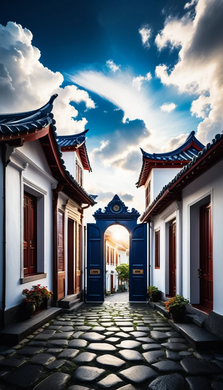 Fantasy, wonderful, Cinematic photo of a city with an open stone-topped door. There are clouds on both sides of the sky、In front of the small white house々is lined up。Photo by Greg Rutkowski, Song Choi, Mitchell Mohrhauser, Maciej Cuchala, Johnson Ting, Maxim Verekhin, Peter Koenig, 