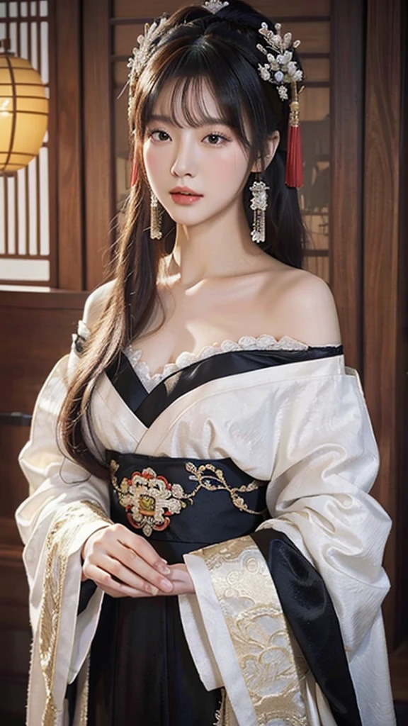 source_photo, realistic, nsfw, ruanyi0766, A portrait of a graceful Chinese maiden clad in an elegant Hanfu from the Northern and Southern Dynasties. The Hanfu's black dress boasts an off-shoulder neckline and flowing wide sleeves, complemented by exquisite jewelry. The backdrop showcases a picturesque ancient Chinese landscape.