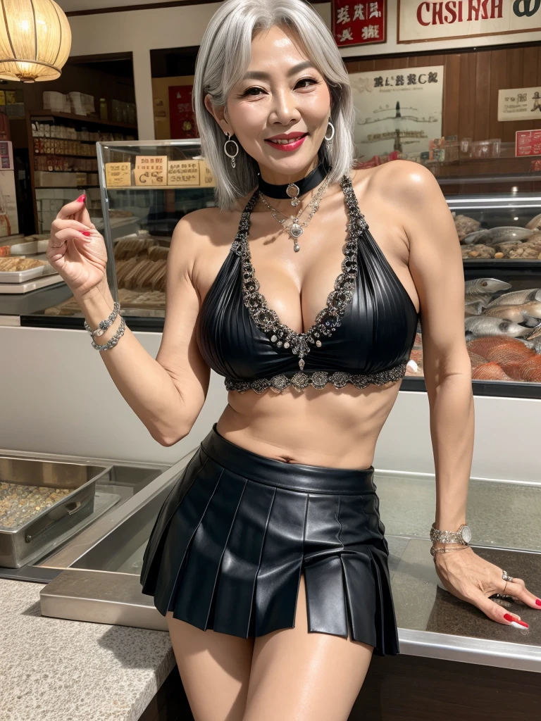 60 years old mom milf Korean, Lady large earring Big choker navel piercing decoration A bracelet Silver Hair realisitic Gorgeous Madame Beautiful Mature Woman sexly Smile Gentle woman navel piercing 4K High quality fish shop Fish Market sale Black leather pleated skirt