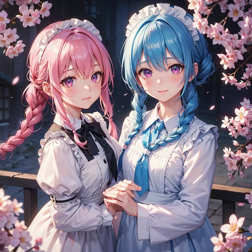 (Sky blue medium hair),(Braided hair tied together)、Pink eyes、Fair skin、(whole body)、(One Girl)、(Maid clothes)、Cherry Blossoms at Night、A big smile、、(masterpiece、Highest quality、Very detailed、Best Shadow)、(Detailed Background)、(Beautifully detailed face)、High contrast、(Best lighting、Very delicate and beautiful)、((Cinematic Light))、colorful、Hyper Detail、Dramatic Light、Exquisite detail、