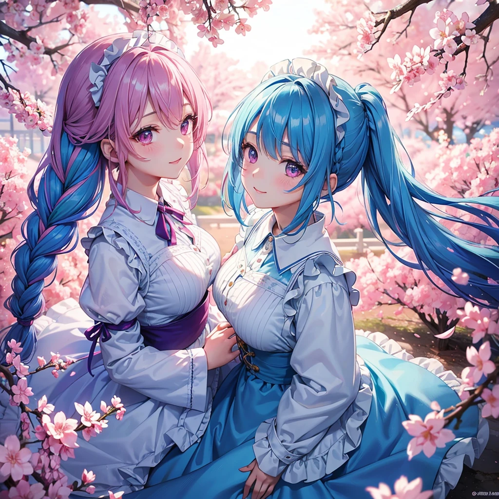 (Sky blue medium hair),(Braided hair tied together)、Pink eyes、Fair skin、(whole body)、(One Girl)、(Maid clothes)、Cherry Blossoms at Night、A big smile、、(masterpiece、Highest quality、Very detailed、Best Shadow)、(Detailed Background)、(Beautifully detailed face)、High contrast、(Best lighting、Very delicate and beautiful)、((Cinematic Light))、colorful、Hyper Detail、Dramatic Light、Exquisite detail、