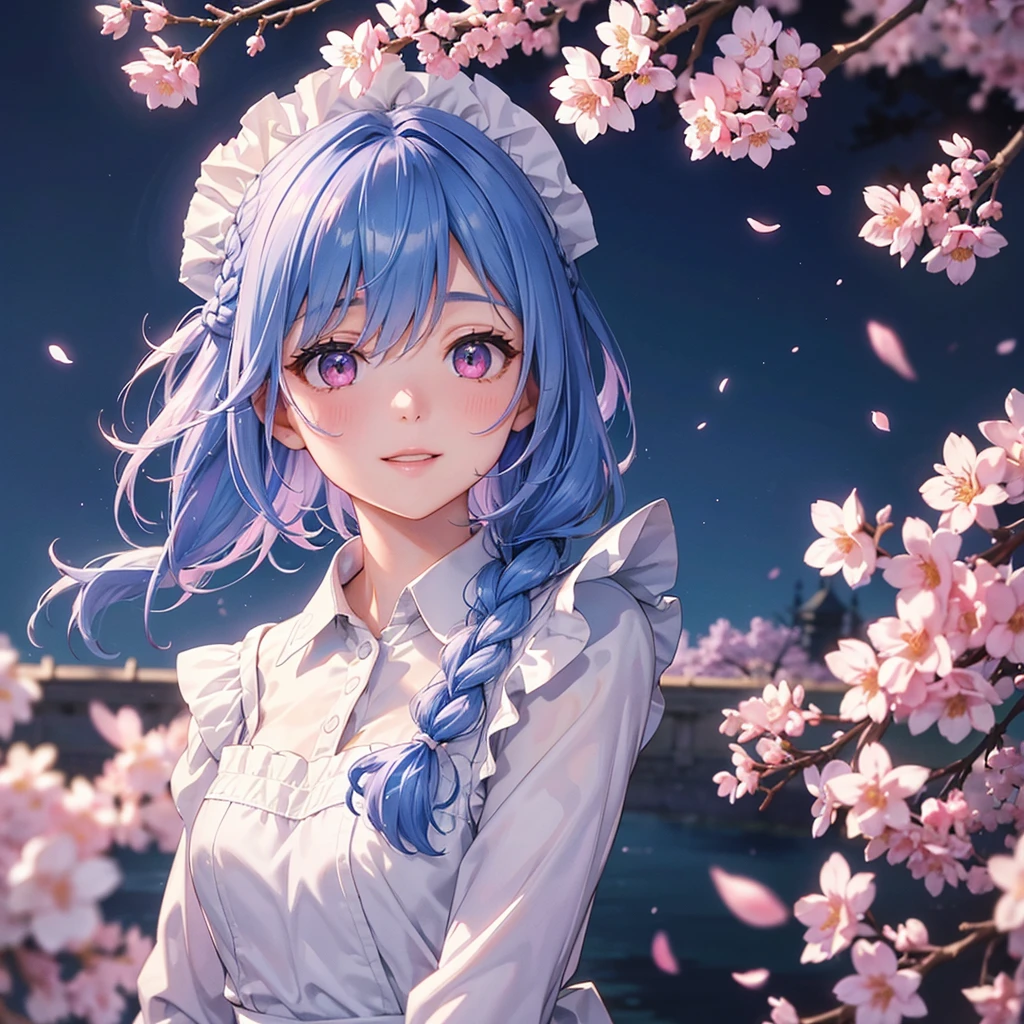 (Sky blue medium hair),(Braided hair tied together)、Pink eyes、Fair skin、(whole body)、(One Girl)、(Maid clothes)、Cherry Blossoms at Night、A big smile、、(masterpiece、Highest quality、Very detailed、Best Shadow)、(Detailed Background)、(Beautifully detailed face)、High contrast、(Best lighting、Very delicate and beautiful)、((Cinematic Light))、colorful、Hyper Detail、Dramatic Light、Exquisite detail、