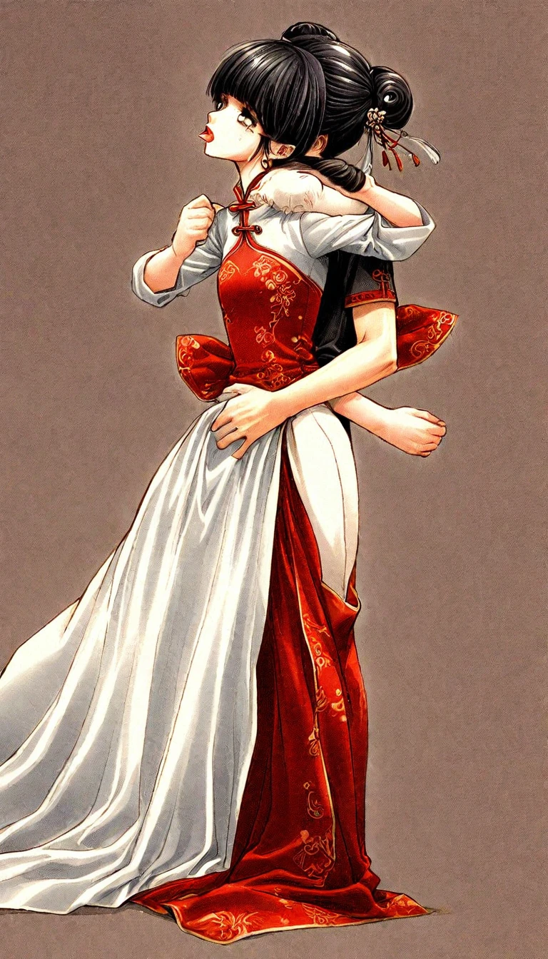 Period drama manga style A 15-year-old super beautiful Chinese girl with black hair in a bun cut(1 person) She is wearing a royal long-sleeved Chinese dress She is hugged by the perverted old emperor and forced to deep kiss him, causing him to cry.