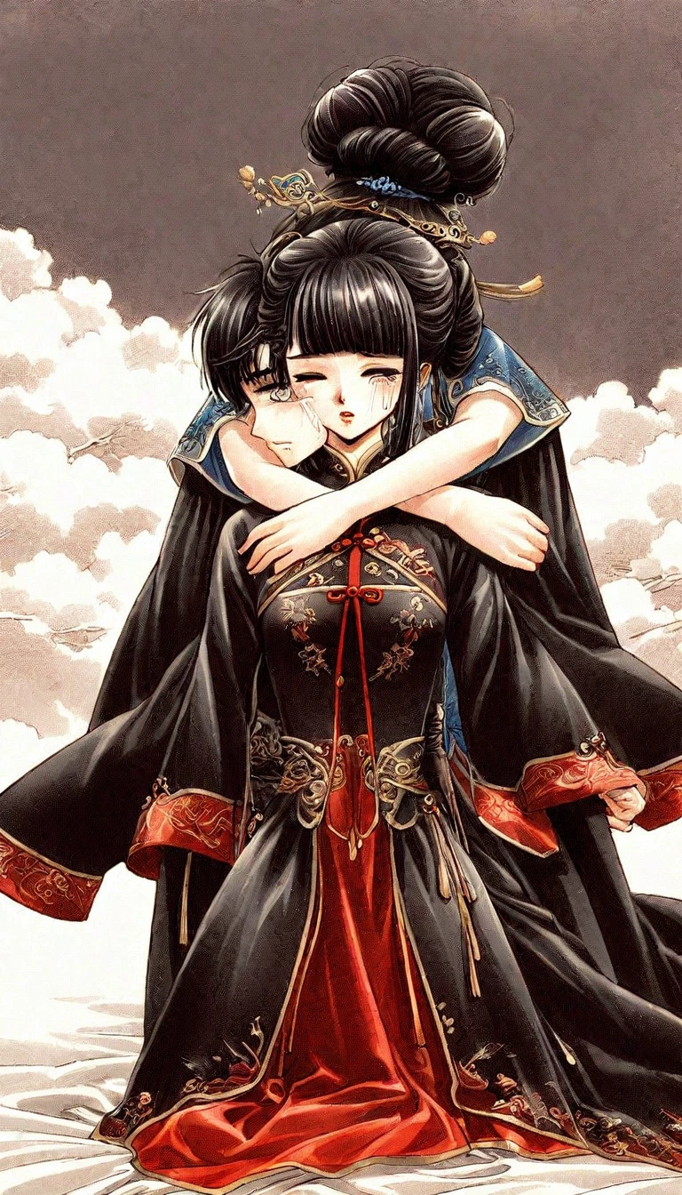 Period drama manga style　A 15-year-old super beautiful Chinese girl with black hair in a bun cut(1 person)　She is wearing a royal long-sleeved Chinese dress　She is hugged by the perverted old emperor and forced to deep kiss him, causing him to cry.　