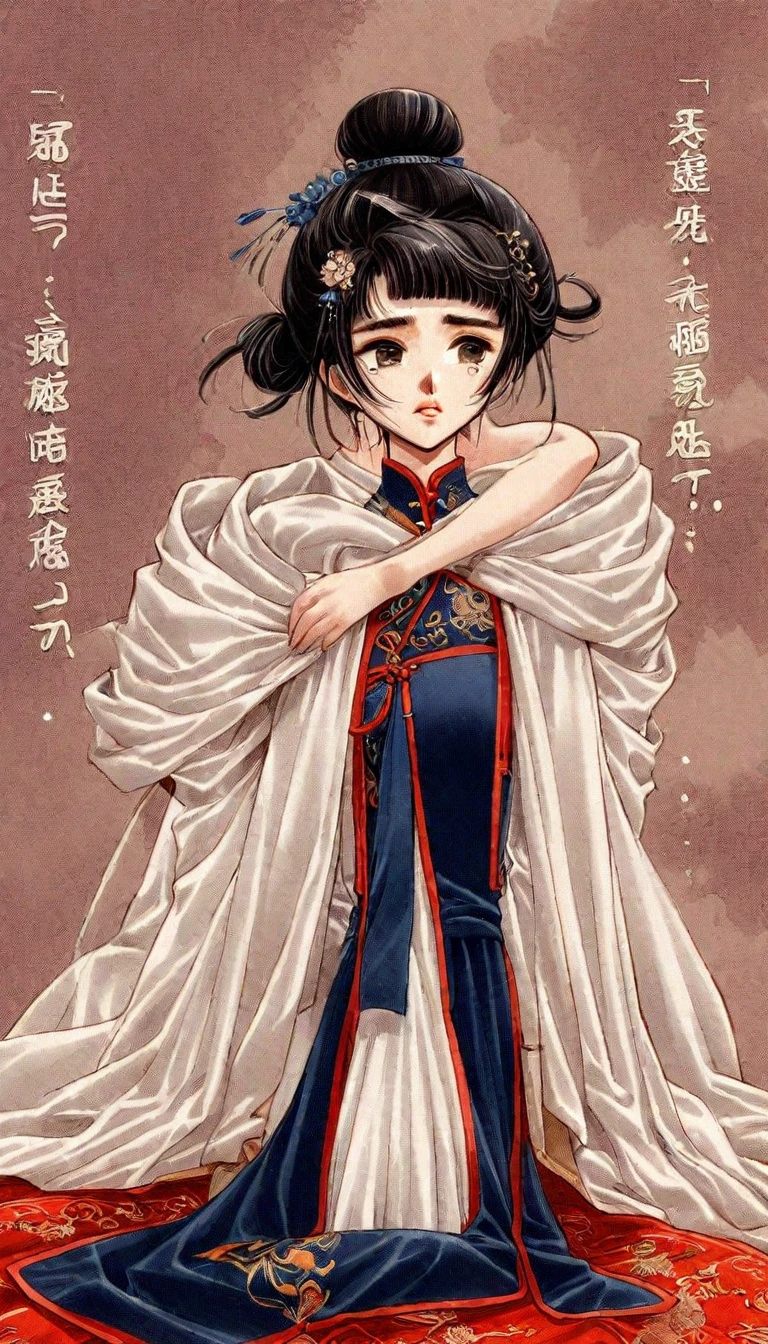 Period drama manga style A 15-year-old super beautiful Chinese girl with black hair in a bun cut(1 person) She is wearing a royal long-sleeved Chinese dress She is hugged by the perverted old emperor and forced to deep kiss him, causing him to cry.