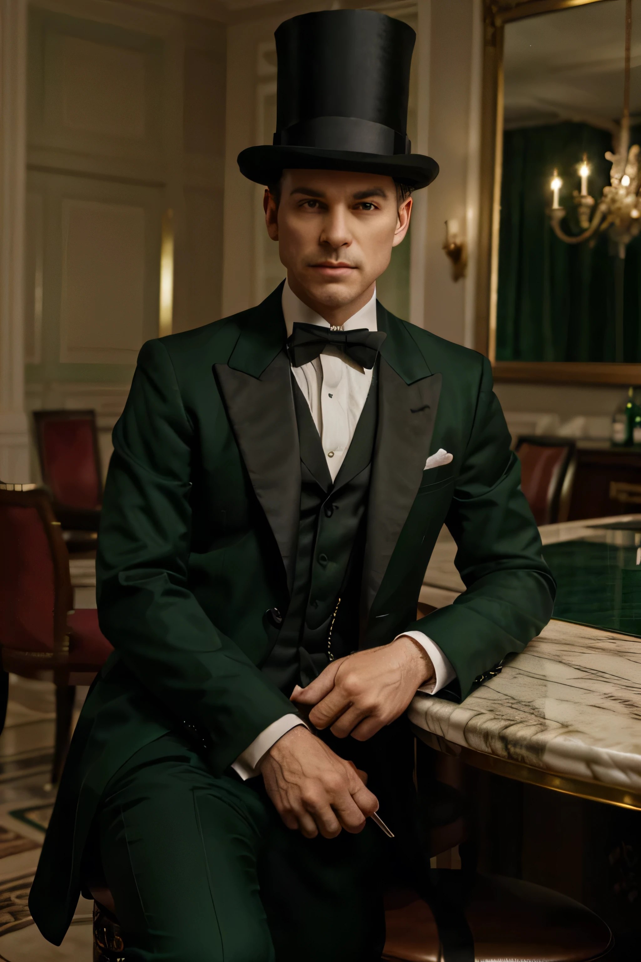 a man in an emerald tailcoat and an emerald top hat sits with a glass in his hand in an expensive mansion on a bar stool