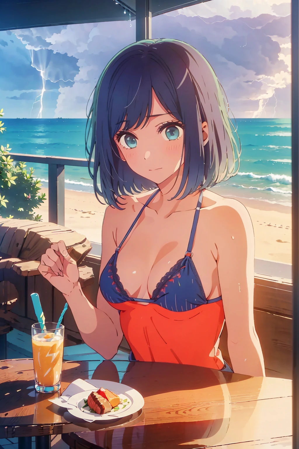(Highest quality:1.4、masterpiece:1.4、Super detailed:1.4、8K:1.4)、((((1 person、Surprised expression、sit、Indoor cafe terrace、coastal、juice、table、Sandy Beach、juiceのグラスを持つ、Micro Bikini、Very soft boobs、Big eyes、Very cute face))))、(with a thunderstorm:1.4)、F cup bust、Medium breast、Underboob