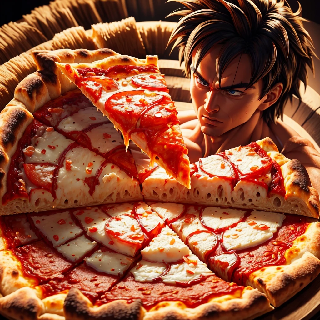 son goku eating a slice of pizza, detailed pizza texture, detailed pizza toppings, detailed pizza crust, hyper realistic, photorealistic, 8k, extremely detailed, hdr, studio lighting, masterpiece, digital painting, cinematic lighting, dramatic lighting, dynamic composition, warm color palette, vibrant colors