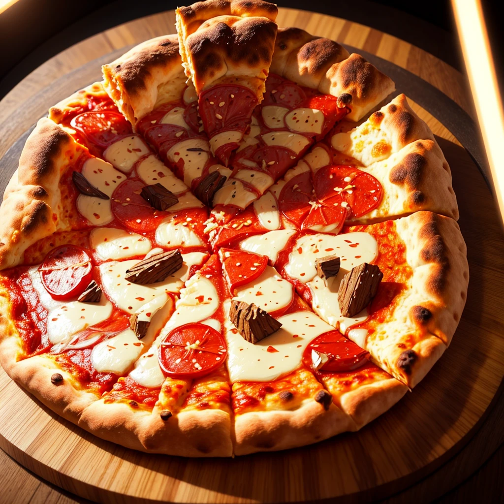son goku eating a slice of pizza, detailed pizza texture, detailed pizza toppings, detailed pizza crust, hyper realistic, photorealistic, 8k, extremely detailed, hdr, studio lighting, masterpiece, digital painting, cinematic lighting, dramatic lighting, dynamic composition, warm color palette, vibrant colors