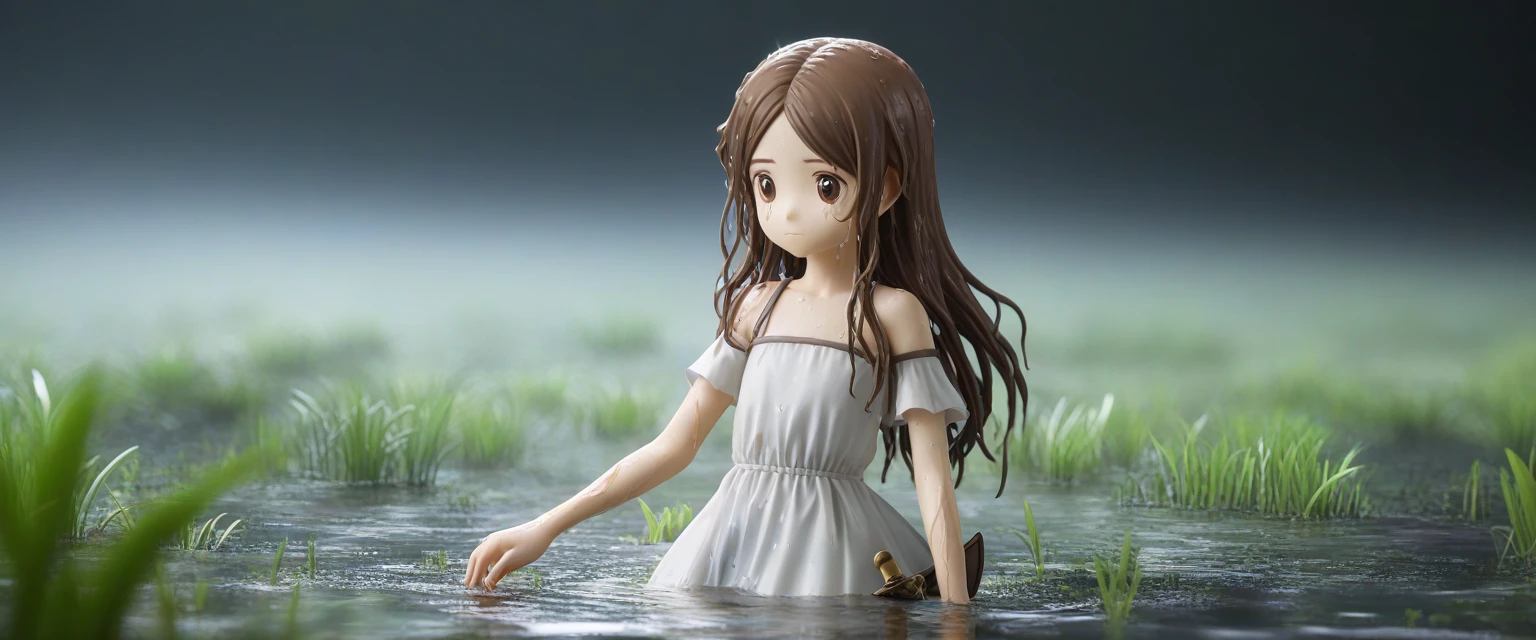 score_9, score_8_wonderful, score_7_wonderful, score_6_wonderful, sauce_anime, 部分的にIn the water, 
One Girl, Long Hair, Brown Hair, Wet Hair,
White Dress, Swamp,
Dark Background, Blurred Edges,8-year-old、Adventurer、Flat Chest、Pitch-dark underground labyrinth、No light、skirt、Equipped with a dagger and a shield、水面よりwonderfulの顔、In the water, In the water写真、浮力でskirt捲れる