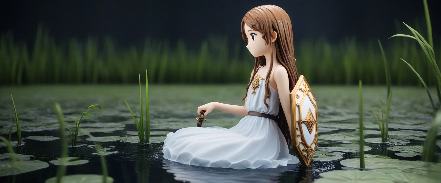 score_9, score_8_wonderful, score_7_wonderful, score_6_wonderful, sauce_anime, 部分的にIn the water, 
One Girl, Long Hair, Brown Hair, Wet Hair,
White Dress, Swamp,
Dark Background, Blurred Edges,8--old、enturer、Flat Chest、Pitch-dark underground labyrinth、No light、skirt、Equipped with a dagger and a shield、水面よりwonderfulの顔、In the water, In the water写真、浮力でskirt捲れる