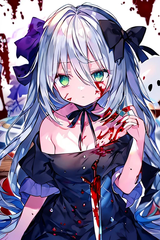 　knife　Half human, half ghost　　Illustration by komeiji koishi, looking at viewers, staring, blood, eyes visible through hair, black expressionless, green right eye, splashing blood, bloodonface, holding knife, Bloodstain, Blood drop, best quality,