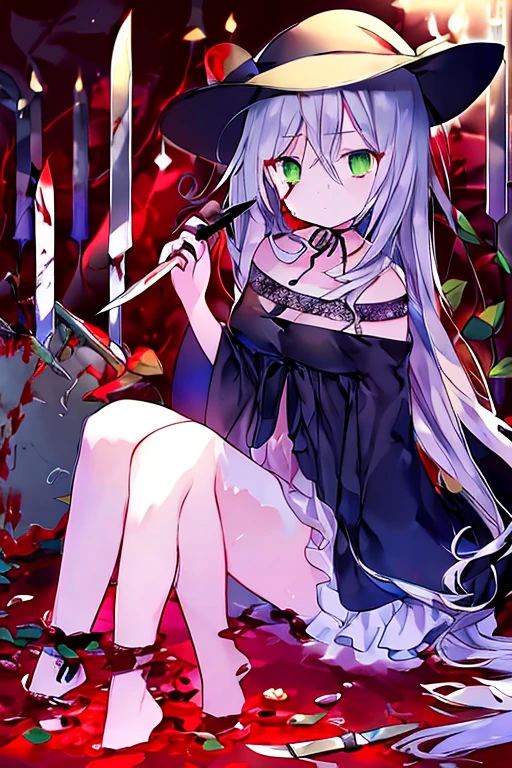 　knife　Half human, half ghost　　Illustration by komeiji koishi, looking at viewers, staring, blood, eyes visible through hair, black expressionless, green right eye, splashing blood, bloodonface, holding knife, Bloodstain, Blood drop, best quality,