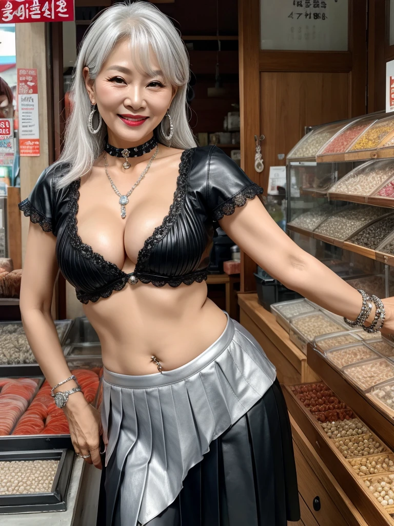 60 years old mom milf Korean, Lady large earring Big choker navel piercing decoration A bracelet Silver Hair realisitic Gorgeous Madame Beautiful Mature Woman sexly Smile Gentle woman navel piercing 4K High quality fish shop Fish Market sale Black leather pleated skirt