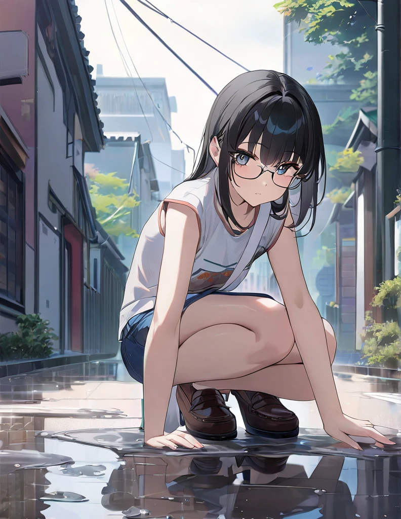 (Anime Style:1.4),A soft touch to painting、超High resolution, Attention to detail, high quality, High resolution, 最high quality, 4K, 8K,Road after the rain、Puddle and girl、Glasses