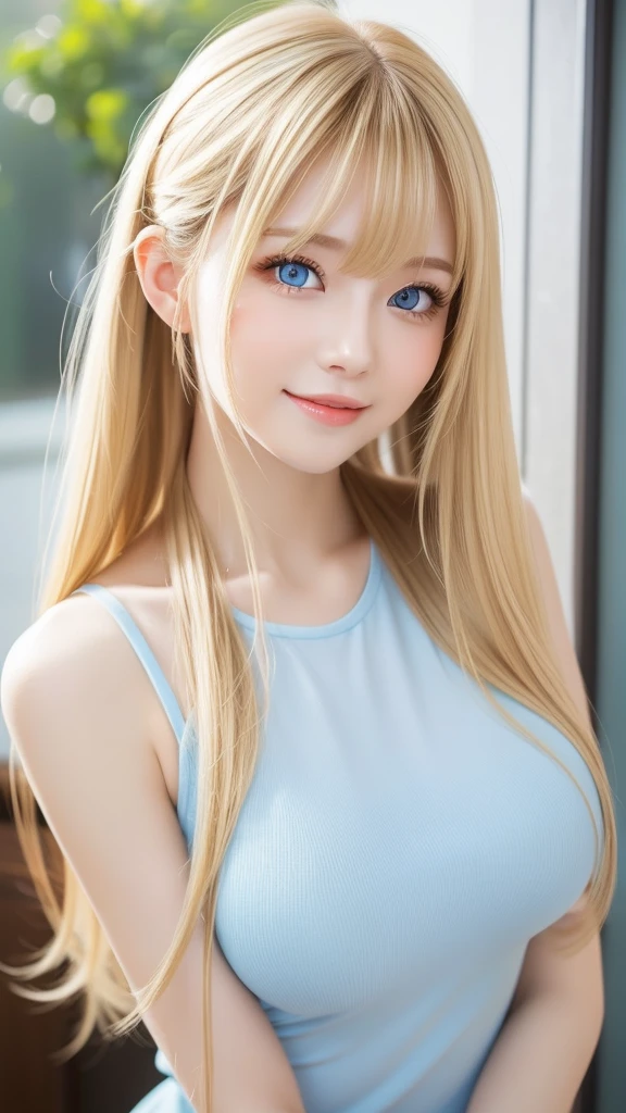 extraordinary sexy beauty、Beautiful, kind and cheerful expression、sexy refreshing look、perfect beautiful cute face、short ponytail、long bangs between the eyes,、super long blonde straight hair、Beautiful facial hair、very cute beautiful sexy young little woman、Beautiful cute face so perfect and beautiful、big breasts, Beautiful clear pale blue cute eyes,