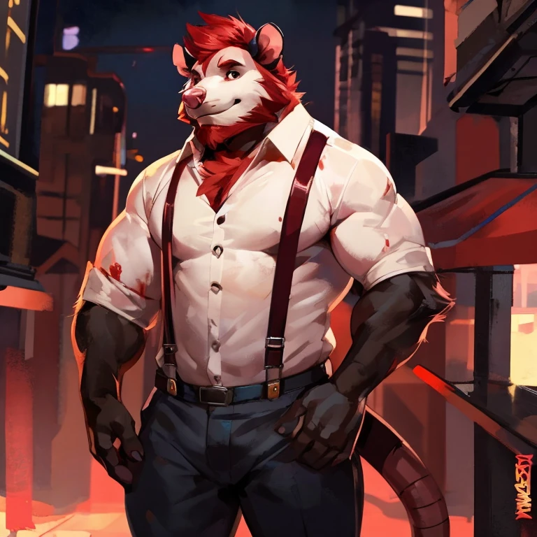 Medium muscular, Possum, short blood red hair, blood red beard, blood red chest fur, Dark gray fur and Cream color, pinkish red and black eyes, shirt and pants with suspenders, By mystikfox61
