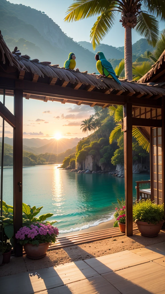 A painting depicting a paradise-like environment on a tropical island, White sand beaches and crystal clear turquoise waters.
expensive, Thin palm trees line the coast, Swaying in the Wind.
Thatched hut by the sea, Hammock included, Enchanting relaxation.
A wide variety of exotic animals, colorful parrots on a tree々that&#39;Flying，Dolphin jumping into the waves.
lush tropical flowers々々々，colorful, Orchids are also included, Hibiscus and Ananas.
Amazing waterfall, Water flows into a lake surrounded by dense vegetation.
People who enjoy the outdoors々々, How to Dive, Surfing and yoga on the beach.
The setting sun paints the sky a soft orange, Pink and Gold, Reflected on the still water.
The feeling of living in harmony with nature, Creates a relaxing and invigorating atmosphere.
Fine texture details, Like soft sand underfoot, Vivid bird feathers and waterfall drops.
Rich and bright color palette, Highlights the natural beauty and vibrancy of tropical environments。.