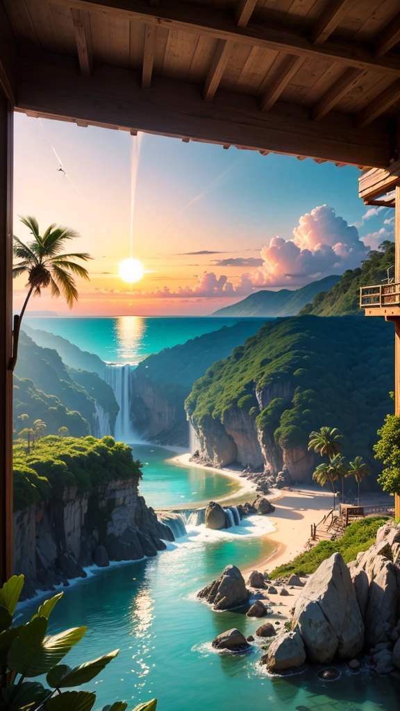 A painting depicting a paradise-like environment on a tropical island, White sand beaches and crystal clear turquoise waters.
expensive, Thin palm trees line the coast, Swaying in the Wind.
Thatched hut by the sea, Hammock included, Enchanting relaxation.
A wide variety of exotic animals, colorful parrots on a tree々that&#39;Flying，Dolphin jumping into the waves.
lush tropical flowers々々々，colorful, Orchids are also included, Hibiscus and Ananas.
Amazing waterfall, Water flows into a lake surrounded by dense vegetation.
People who enjoy the outdoors々々, How to Dive, Surfing and yoga on the beach.
The setting sun paints the sky a soft orange, Pink and Gold, Reflected on the still water.
The feeling of living in harmony with nature, Creates a relaxing and invigorating atmosphere.
Fine texture details, Like soft sand underfoot, Vivid bird feathers and waterfall drops.
Rich and bright color palette, Highlights the natural beauty and vibrancy of tropical environments。.