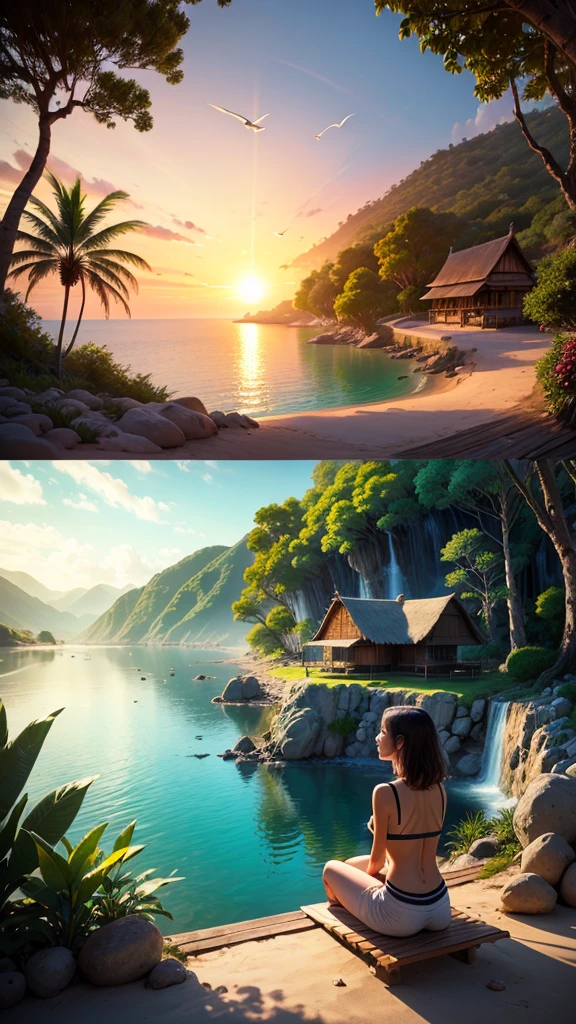 A painting depicting a paradise-like environment on a tropical island, White sand beaches and crystal clear turquoise waters.
expensive, Thin palm trees line the coast, Swaying in the Wind.
Thatched hut by the sea, Hammock included, Enchanting relaxation.
A wide variety of exotic animals, colorful parrots on a tree々that'Flying,Dolphin jumping into the waves.
lush tropical flowers々々々,colorful, Orchids are also included, Hibiscus and Ananas.
Amazing waterfall, Water flows into a lake surrounded by dense vegetation.
People who enjoy the outdoors々々, How to Dive, Surfing and yoga on the beach.
The setting sun paints the sky a soft orange, Pink and Gold, Reflected on the still water.
The feeling of living in harmony with nature, Creates a relaxing and invigorating atmosphere.
Fine texture details, Like soft sand underfoot, Vivid bird feathers and waterfall drops.
Rich and bright color palette, Highlights the natural beauty and vibrancy of tropical environments。.