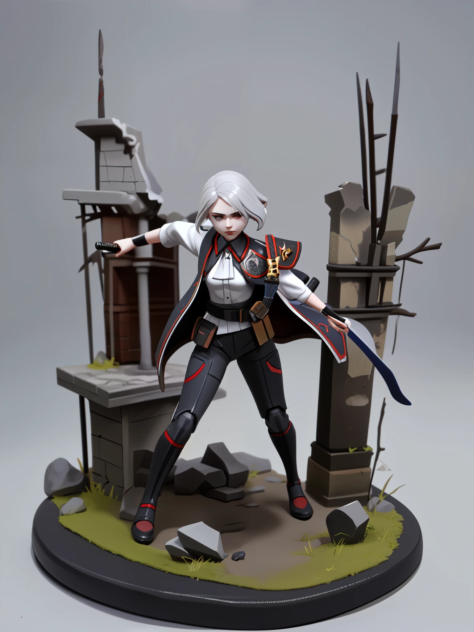 Tabletop Figures, Miniature, The face is precise(((must))), A Russian girl in her early 20s with ash grey hair, Fully equipped with jet black, state-of-the-art protectors, A brave pose brandishing a beautifully decorated long sword, The background is a diorama of ruins.