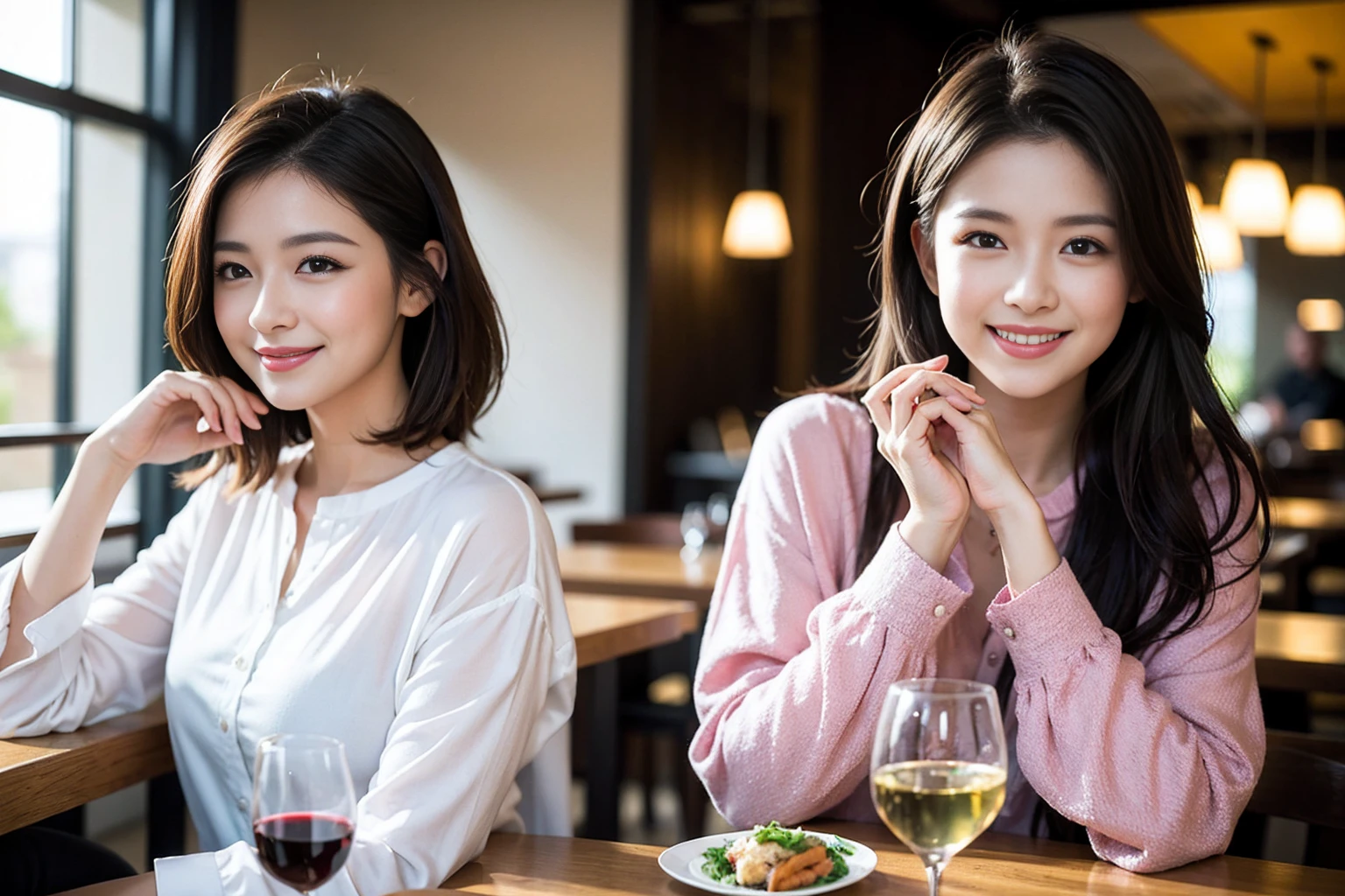 ((Highest quality、8K、masterpiece:1.3))、Shortcuts、cute、slimカップル、modelカップル、actress男優、(Realistic, Intricate details:1.2), full-course dinner、Wine Party、Amazing view of the sunset sky and clouds、A bright smile、short hair,Bright Face、 (Age 45), 42 years old, red wine 、Appetizers、Italian food、Wine bottle、Champagne、sparkling wine、Two beauties、Brown Hair、Shortcuts、Long sleeve shirt、dress、Beautiful woman 1, (slimな顔), (The body is slim), (Brown Hair), (Shortcuts), cheeks turn a little red,Attractive beauty、restaurant, In a prominent place (From the waist up) Nova Frog Style, actress, model, Upper Body, White wine, slim, wine glass, 中央に置かれたwine glass, smile, (smile: 1.15), Beautiful fine grain, Depth f/2,saturation, High Contrast, Strong light and shadow,Moist Body:1.5、3D texture、Delicate eyes、Brown Hair、The hair is very shiny、
