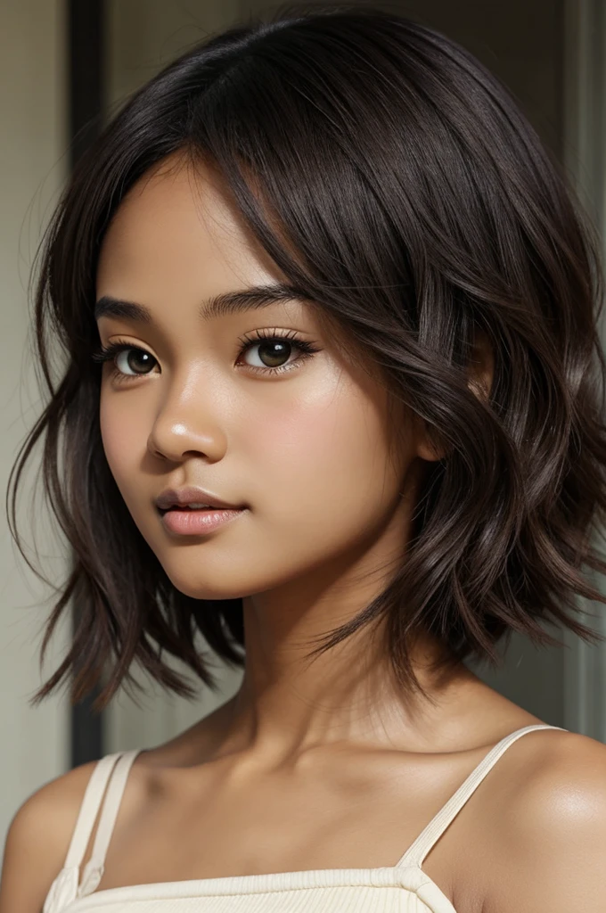 Create an anime girl with an oval face, small eyes, thin lips, medium nose, short wavy hair, dark brown, robust rectangular body, dark-skinned skin.