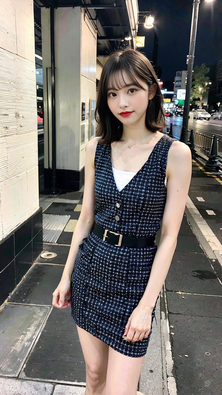 (Highest quality, 8K, 32k, masterpiece, Ultra-high resolution: 1.2), Cute Japanese Women Photos, Very short bob hair, whole body, Extra Large_one piece, necklace, Simple Background,(Film aesthetics:1.4) Bokeh urban night photo of a beautiful fashion model、Model pose including feet、Standing posture