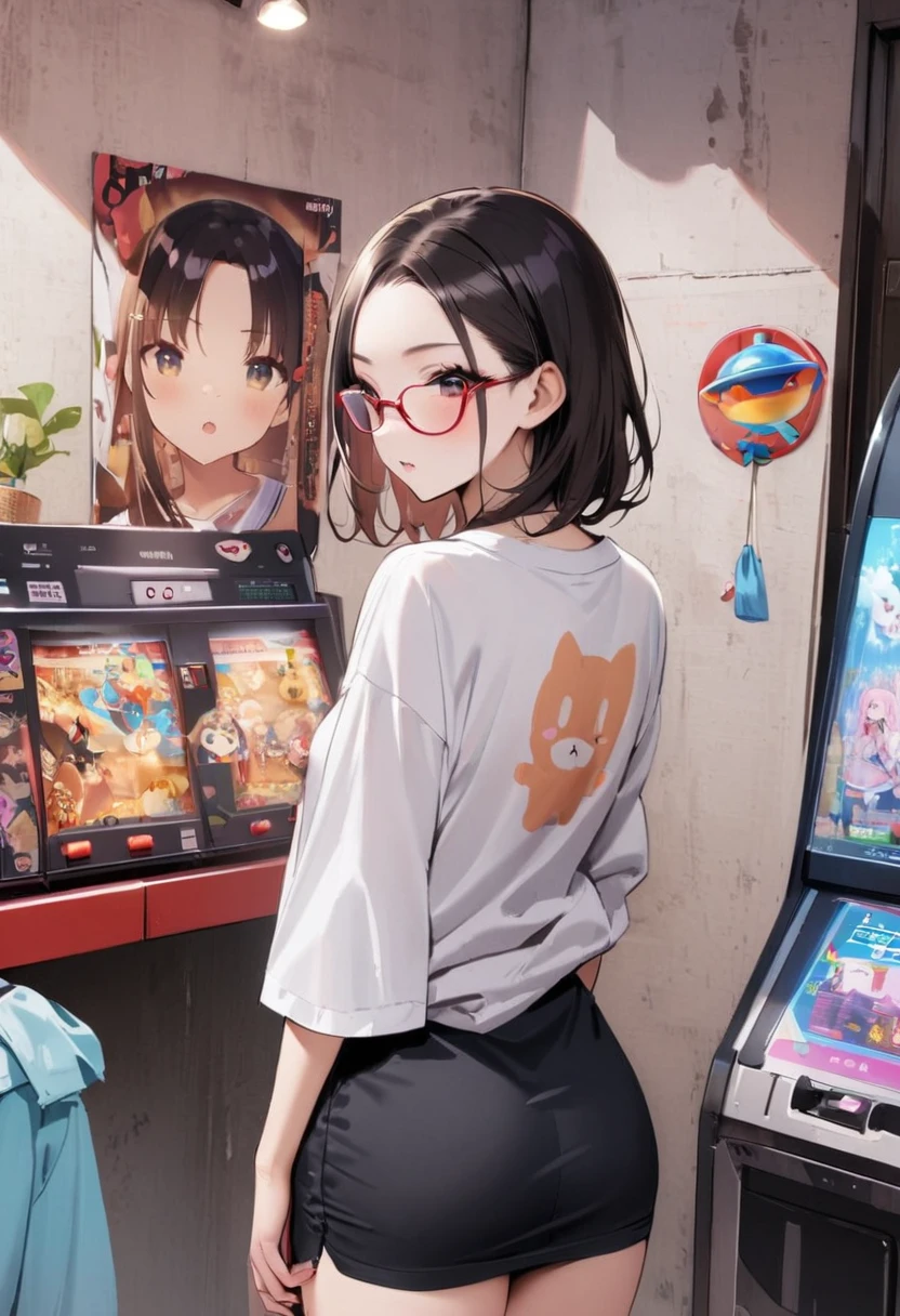 Fashionable glasses、back view, Backwards、Butt、back、back of head、Hips、Hair back、Calf、Very Very triped pattern panties、Chibi T-shirt、Panty shot、arcade、game machine、Game bench、UFO Catcher、Purikura、Date、forehead、Girl、Girl、Short、Younger、Lower school year、Baby Face、flat chest、Angry face、Dynamic Angle、masterpiece、best quality、ultra-detail、There are customers around、I'm making a mess、Clothing