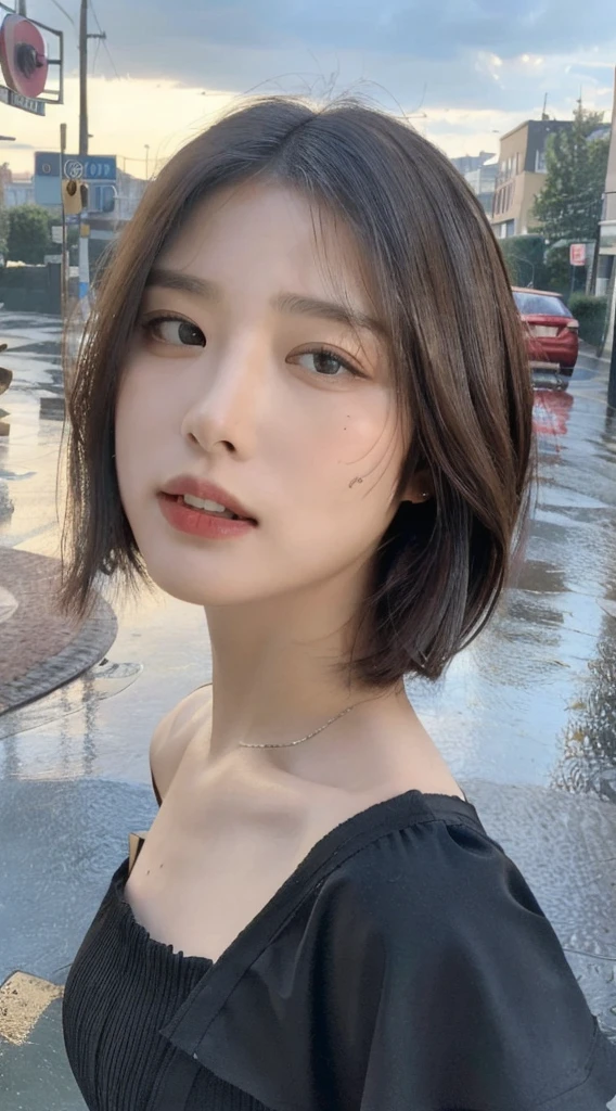 ((Best Quality, 8K, Masterpiece:1.3)), Focus:1.2, Perfect Body Beauty:1.4, Buttocks:1.2, (Layered Haircut:1.2)), (Rain, Street:1.3), Bandeau Dress:1.1, Highly Detailed Face and Skin Texture, Delicate Eyes, Double Eyelids, Whitened Skin, Long Hair, (Round Face: 1.5)