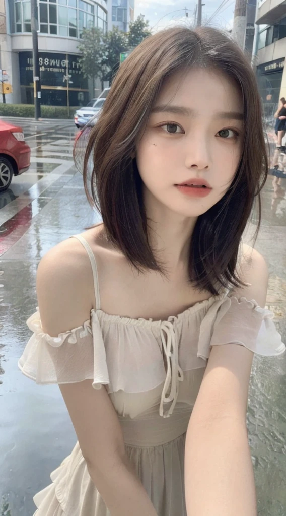 ((Best Quality, 8K, Masterpiece:1.3)), Focus:1.2, Perfect Body Beauty:1.4, Buttocks:1.2, (Layered Haircut:1.2)), (Rain, Street:1.3), Bandeau Dress:1.1, Highly Detailed Face and Skin Texture, Delicate Eyes, Double Eyelids, Whitened Skin, Long Hair, (Round Face: 1.5)