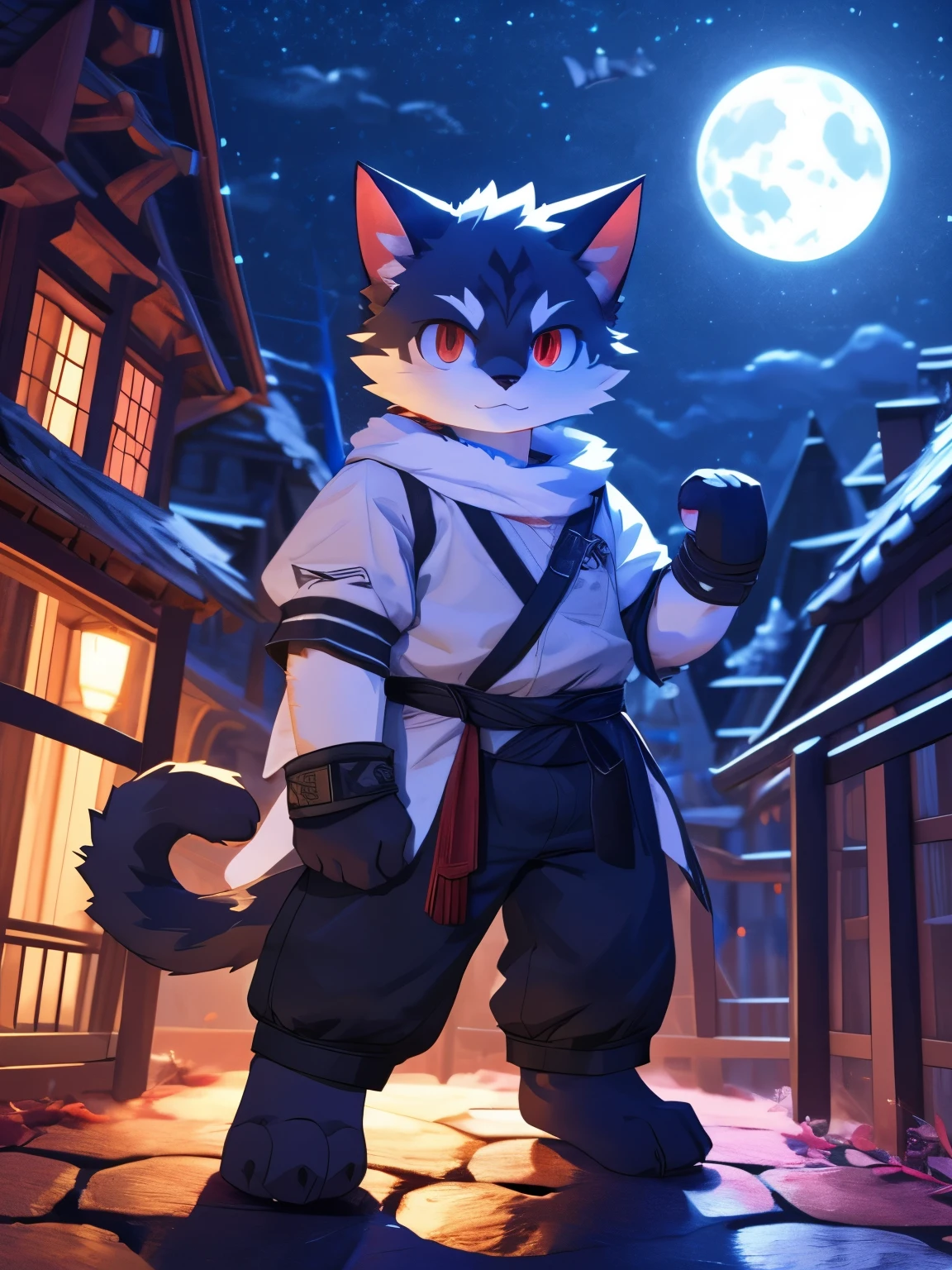 nj5furry,kemono,full-length portrait,anthro,hi res,male,vampire,assassin,Cat,Wristband,Fluffy hair,White plush paw,Red eyes,Delicate eyes,Detailed eyes,Extremely high detail,8K HD characters,night,Fighting Stance