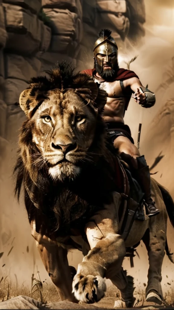 arafed man riding a lion with a sword and a helmet on, the man riding is on the lion, lion warrior, biblical epic movie, aslan the lion, scene from live action movie, maximus jacobs, epic vfx shot, lord of the jungle, still from a live action movie, epic action scene, lions, in screenshot from the 300 movie