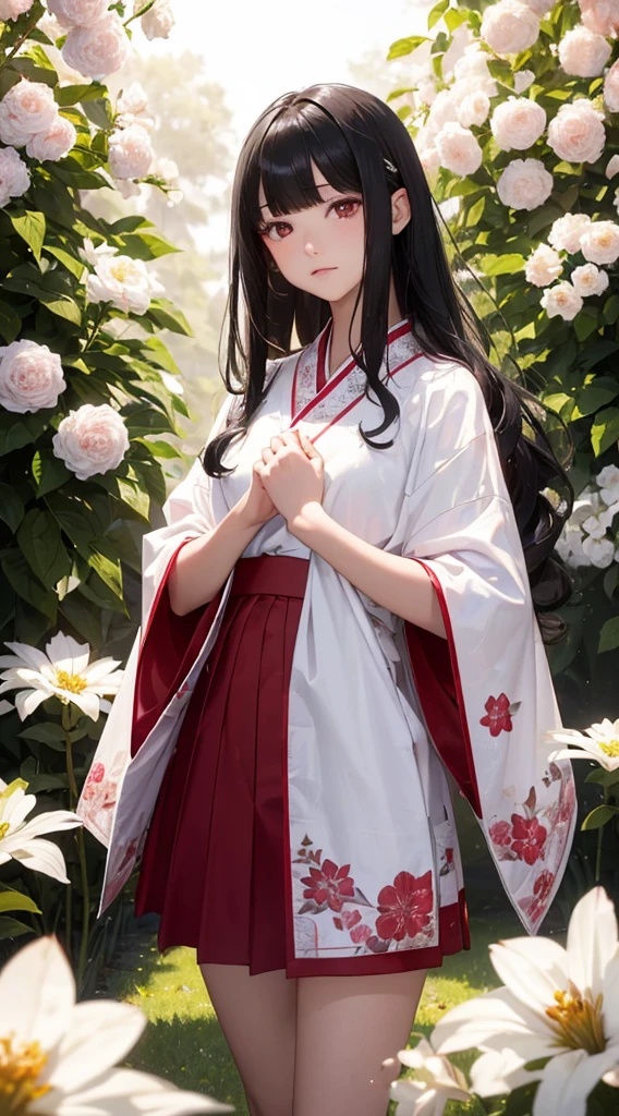 The background is a world of white flowers、(((Highest quality))), Tabletop, High resolution, (((One Girl))), 16 years old,Purple eyes、(((Long, straight black hair))),(((Not trimming bangs))),(((Jagged bangs))),(((Wavy bangs))),(((Red long hair ornament))),(((Disjointed bangs))),(Tsundere face),Pink kimono,(((Black Skirt))),(((String Band))),((Dark red floral kimono)), Tyndall effect, Realistic, Shadow Studio, red lighting, Dual Tone Lighting, (High Definition Skins: 1.2) Digital SLR, photograph, High resolution, 4K, 8K, Background Blur,Beautiful fade out、The background is a world of white flowers