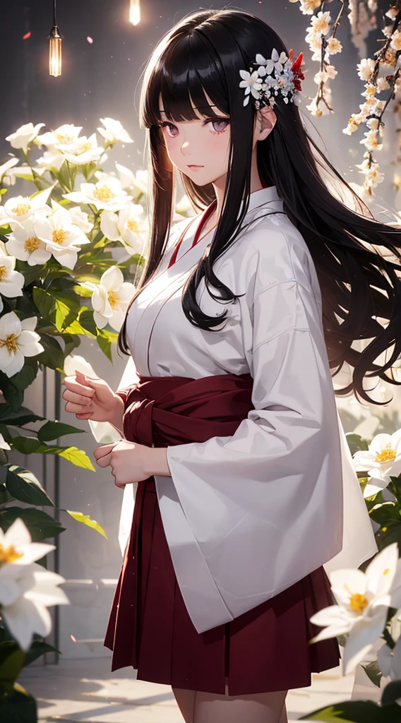 The background is a world of white flowers、(((Highest quality))), Tabletop, High resolution, (((One Girl))), 16 years old,Purple eyes、(((Long, straight black hair))),(((Not trimming bangs))),(((Jagged bangs))),(((Wavy bangs))),(((Red long hair ornament))),(((Disjointed bangs))),(Tsundere face),Pink kimono,(((Black Skirt))),(((String Band))),((Dark red floral kimono)), Tyndall effect, Realistic, Shadow Studio, red lighting, Dual Tone Lighting, (High Definition Skins: 1.2) Digital SLR, photograph, High resolution, 4K, 8K, Background Blur,Beautiful fade out、The background is a world of white flowers