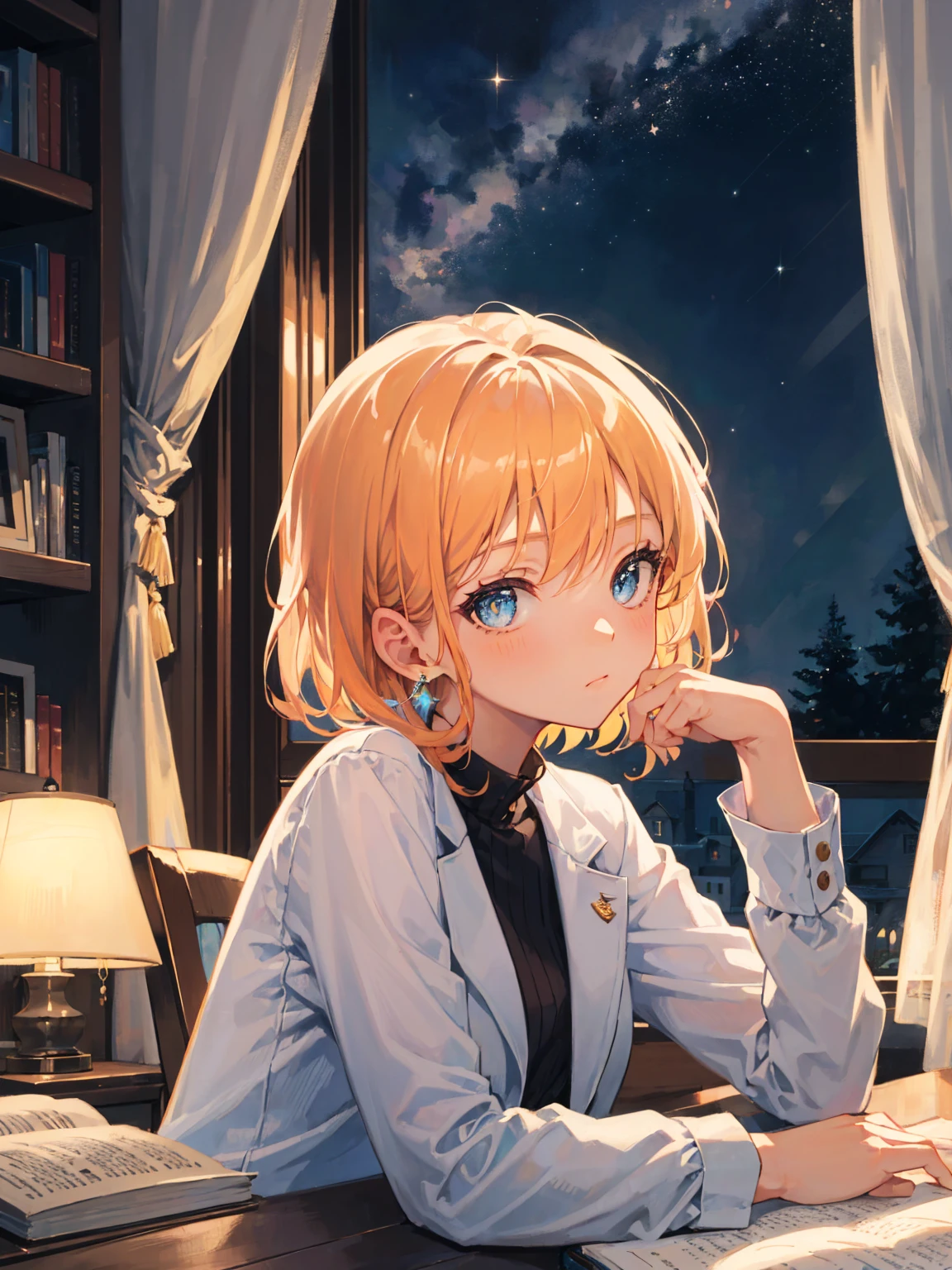 best quality, (masterpiece:1.2), illustration, absurdres, (1girl, solo), (beautiful detailed girl), ((upper body, portrait)),, Kaela MacMillan, short hair, orange hair, blue eyes, medium breasts, blue crystal earrings, white jacket, , cool, calm, looking at viewer,, inside elegant bedroom, night, window, curtain, starry sky, lamp, bookcase, nightstand, vase, desk,