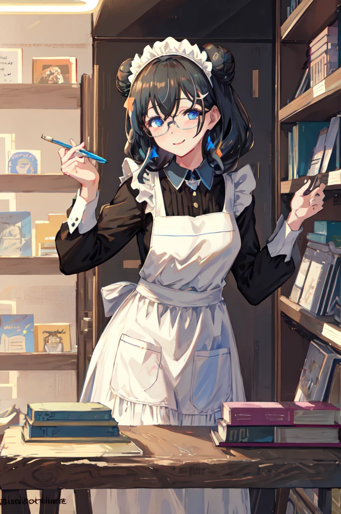 sagisawa fumika, One girl, Glasses, Maid, alone, Bookshelf, blue eyes, Black Hair, Alternative costume, Maid headdress, apron, enMaided, smile, Juliet Sleeve, dress, Long sleeve, Puff sleeves, Glassesをかけた, View your viewers, Book, Maid apron, single Hair Bun, chest, library, white apron, Hair Bun, indoor, blush, brooch, Frills, black dress, official Alternative costume, large chest, Long Hair, Side Lock, 丸いGlasses